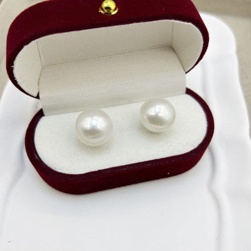 天然淡水无核珍珠大点位12-15mm扁圆珍珠耳钉925银针