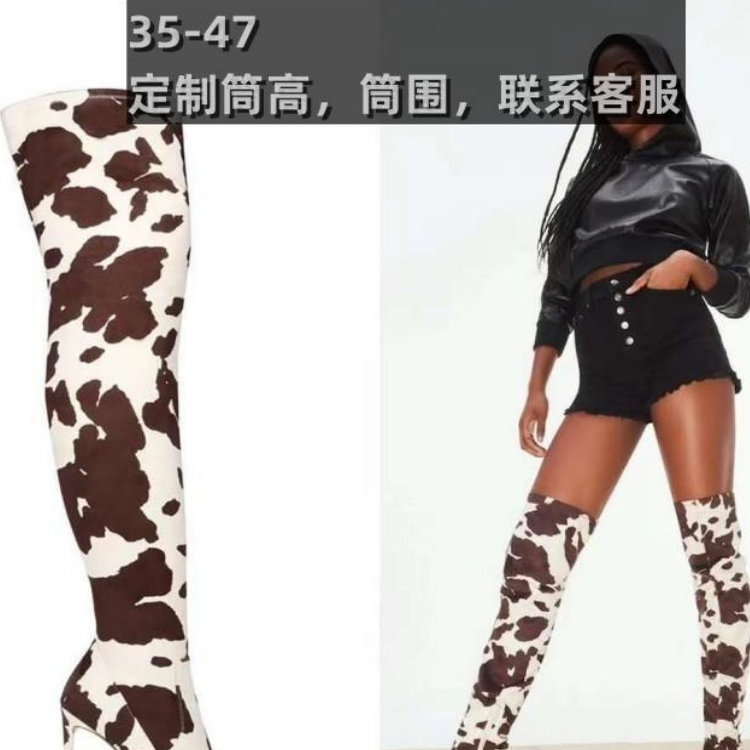 欧美外贸48大码反串伪娘细高跟性感弹力显瘦黑白奶牛大腿过膝长靴