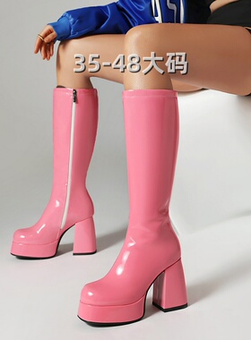 欧美外贸漆皮演出女大童及膝靴大码反串伪娘CDTS骑士靴春秋高筒靴