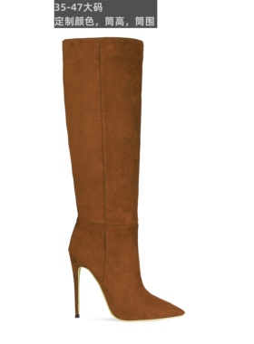 欧美外贸细跟绒面套筒高筒靴47大码反串伪娘CDTS及膝靴尖头直筒靴
