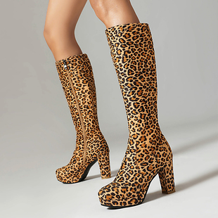 欧美外贸豹纹47大码 及膝靴侧拉链春秋粗跟圆头防水台骑士靴高筒靴