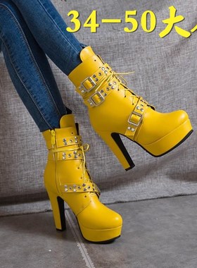 秋冬外贸黄色演出皮带扣高跟短靴粗跟系带中筒大码反串伪娘男士女