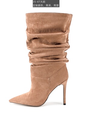 欧美外贸细高跟套筒女靴47大码反串伪娘CDTS绒面褶皱堆堆靴中筒靴