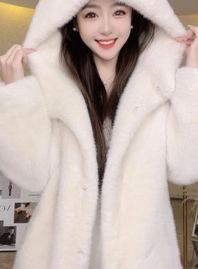 海宁2025冬装新款加厚貂绒外套女连帽轻奢时尚百搭毛毛皮草大衣