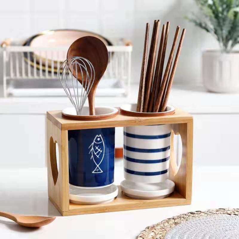 日式陶瓷筷子筒多功能双筒沥水筷子笼筷子勺餐具收纳盒