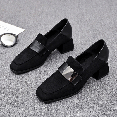 真皮单鞋欧美方头粗跟高跟鞋磨砂