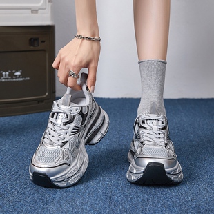 ZHR银色老爹鞋子女2025春秋季新款增高厚底百搭轻便不累脚运动鞋