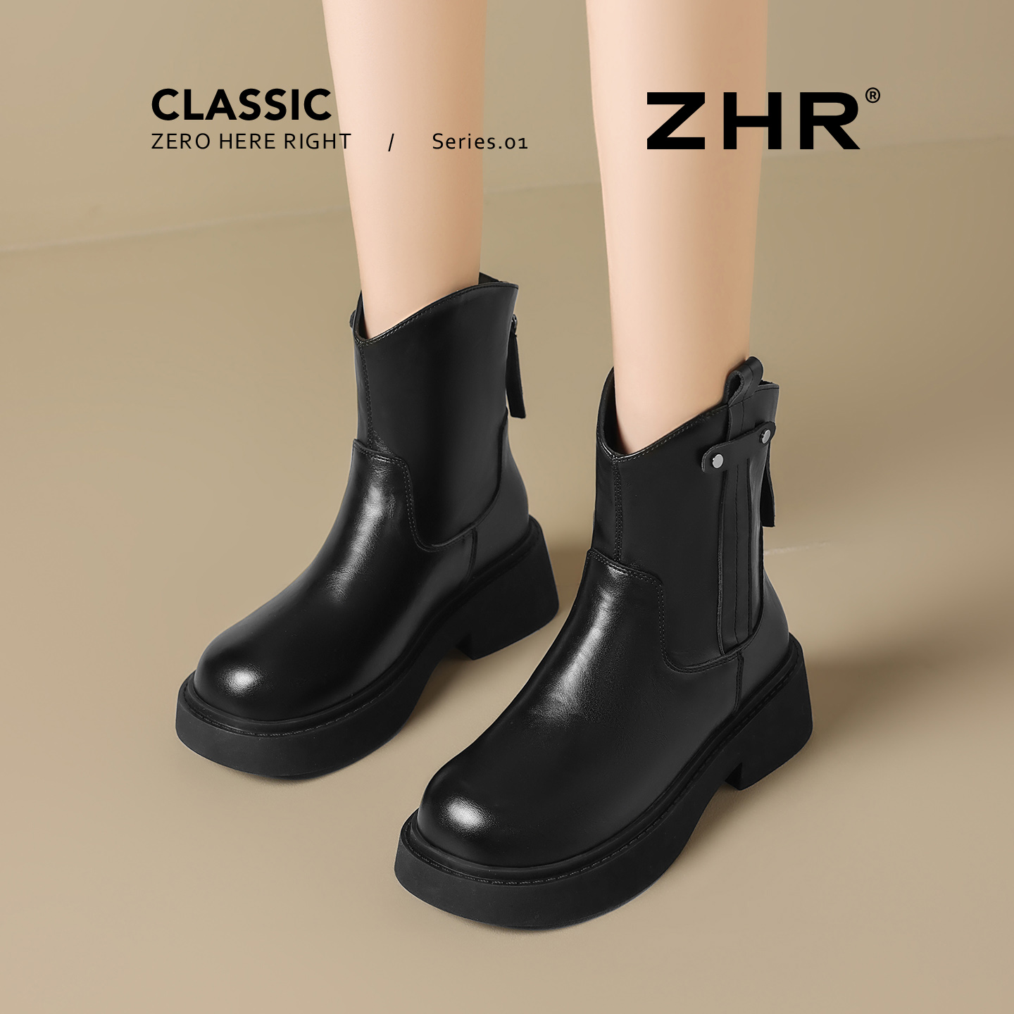 黑色厚底小短靴配裙子英伦百搭