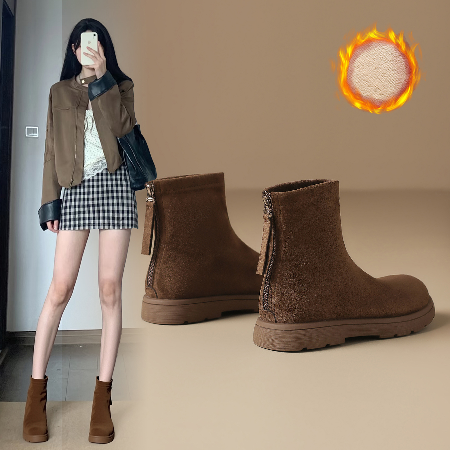 ZHR/则则平底棉靴弹力靴瘦瘦靴加绒靴子女秋冬马丁靴短靴女靴