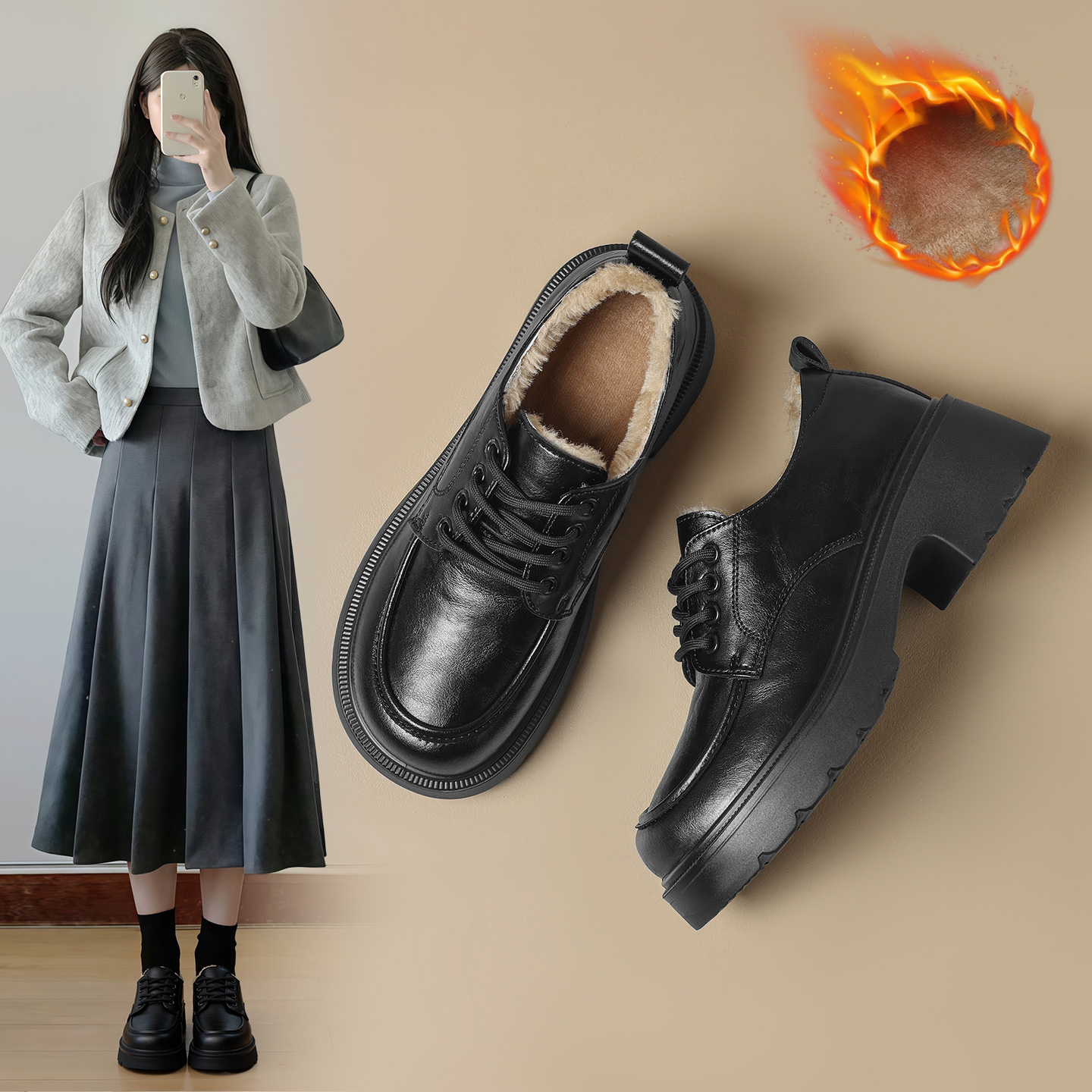 ZHR/则则百搭时装鞋加绒女士皮鞋厚底小皮鞋女款乐福鞋女单鞋