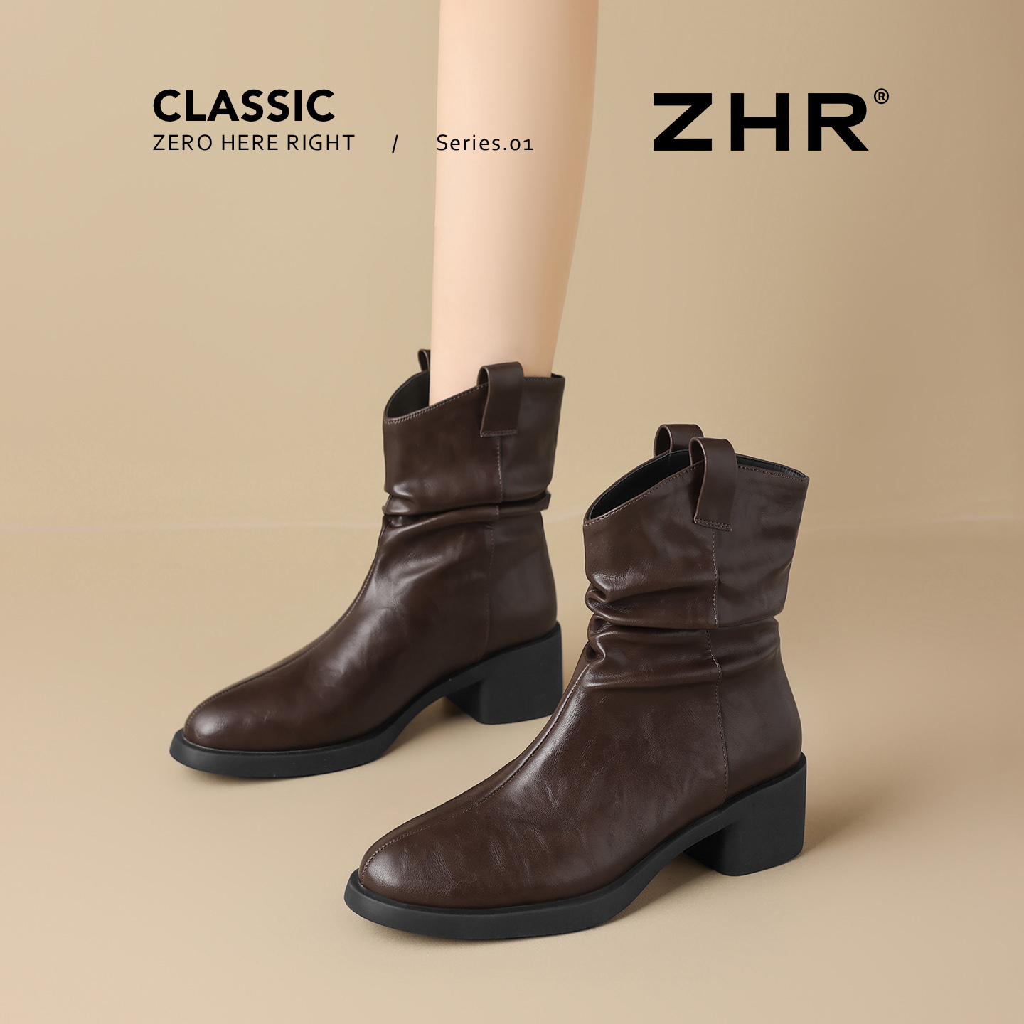 ZHR棕色短靴女秋冬季2025新款