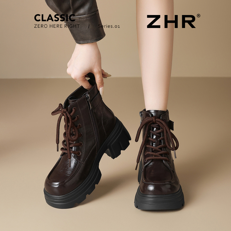 厚底增高马丁靴女2025秋冬新款薄绒粗跟短靴英伦风复古西部骑士靴