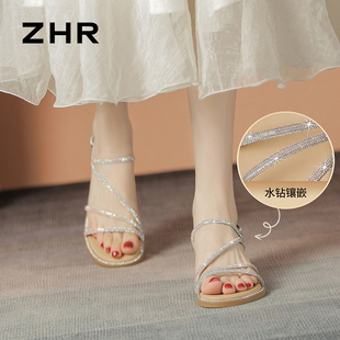 女款 一字带罗马女鞋 2025新款 外穿高级感精致水钻法式 夏季 平底凉鞋