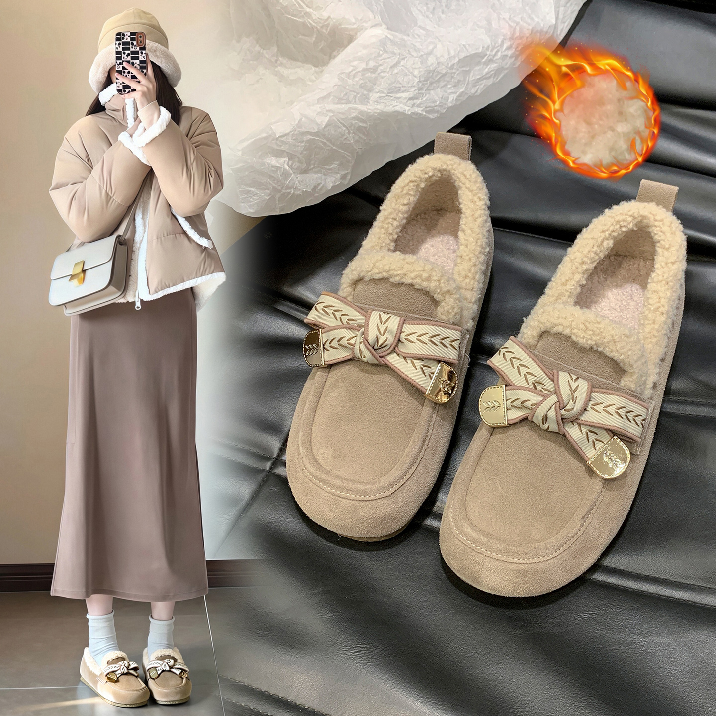 ZHR/则则加绒通勤一脚蹬女鞋棉鞋豆豆鞋乐福鞋女单鞋勃肯鞋