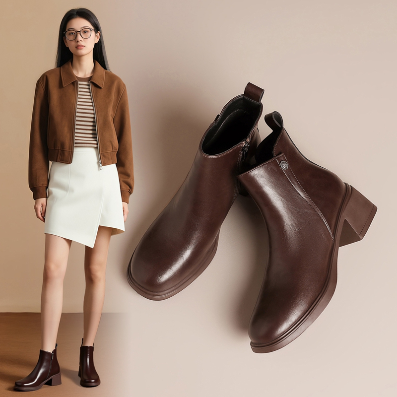 ZHR美拉德棕色短靴女2025秋冬新款粗跟增高马丁靴百搭气质瘦瘦靴