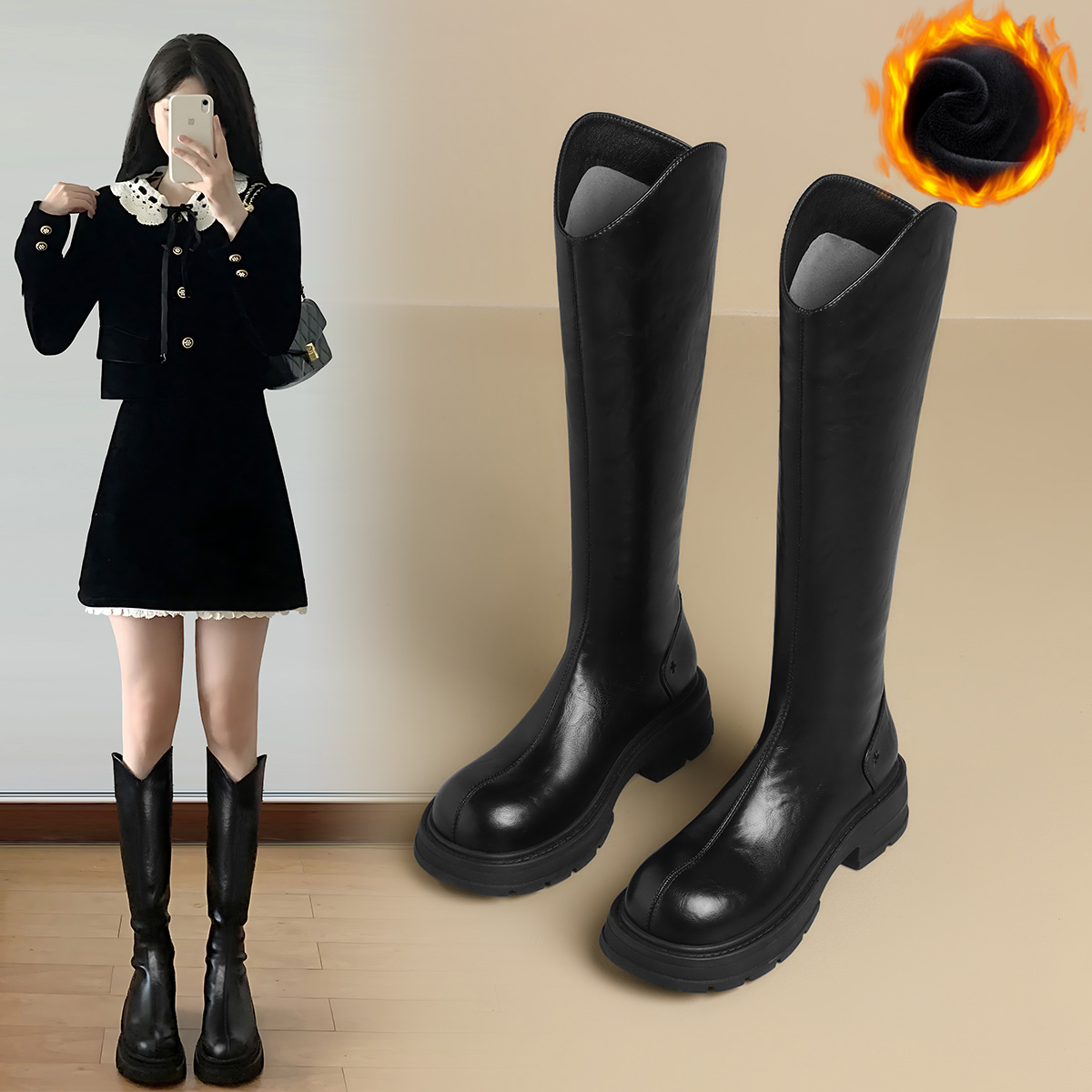 ZHR/则则百搭骑士靴长筒靴子女秋冬季时装靴长靴加绒女靴女鞋