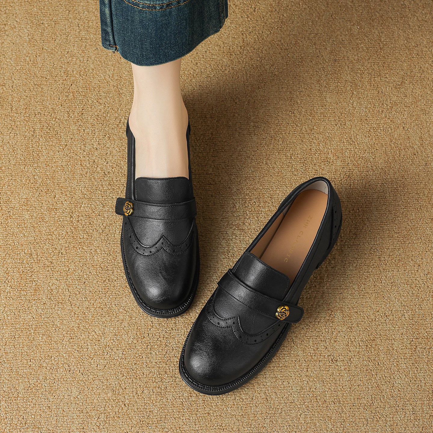 ZHR/则则山茶花扣单鞋女通勤单鞋一脚蹬女鞋皮鞋款冬乐福鞋女单鞋