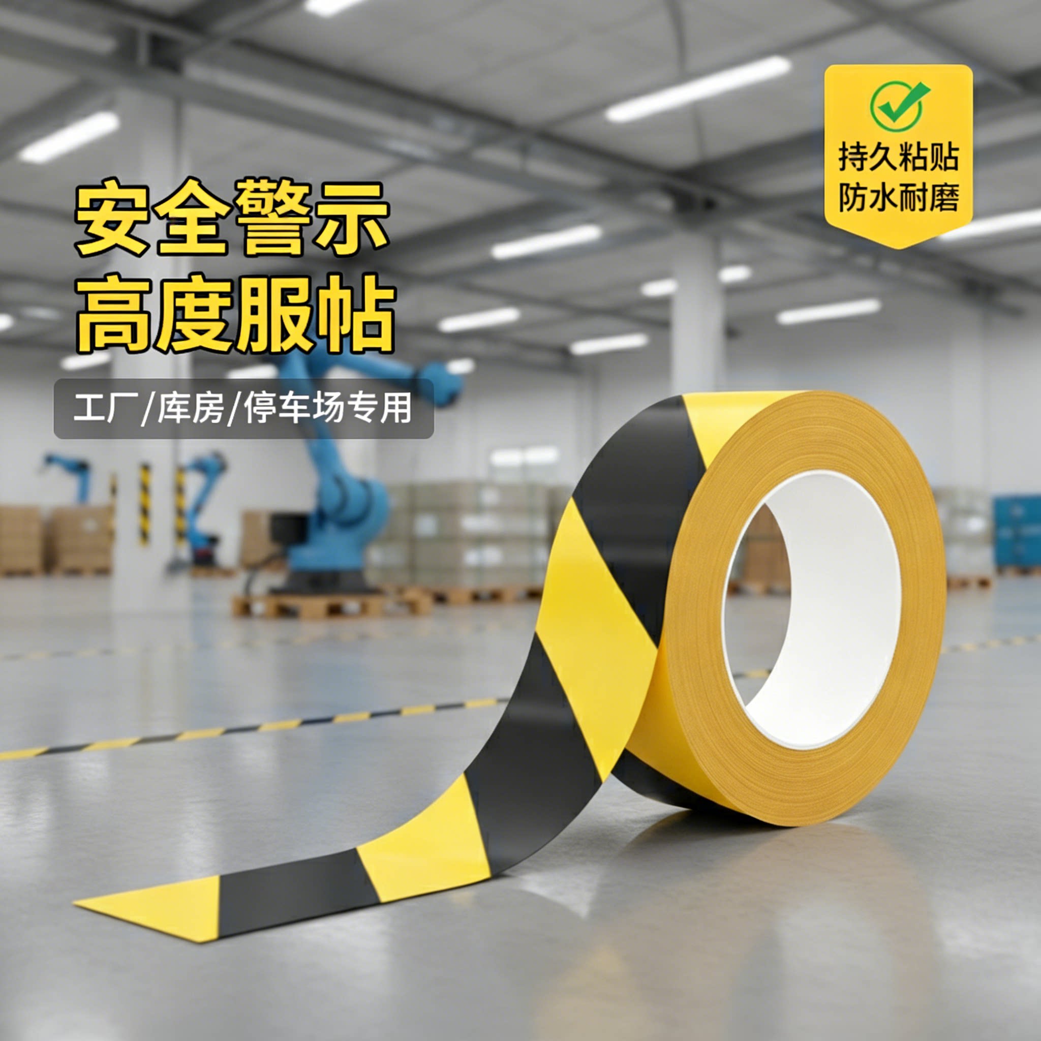 PVC黄黑警示胶带停车场库房标识线篮球场运动场地定位分区白色胶带加厚耐磨防水车间划线地贴黄色隔离胶布