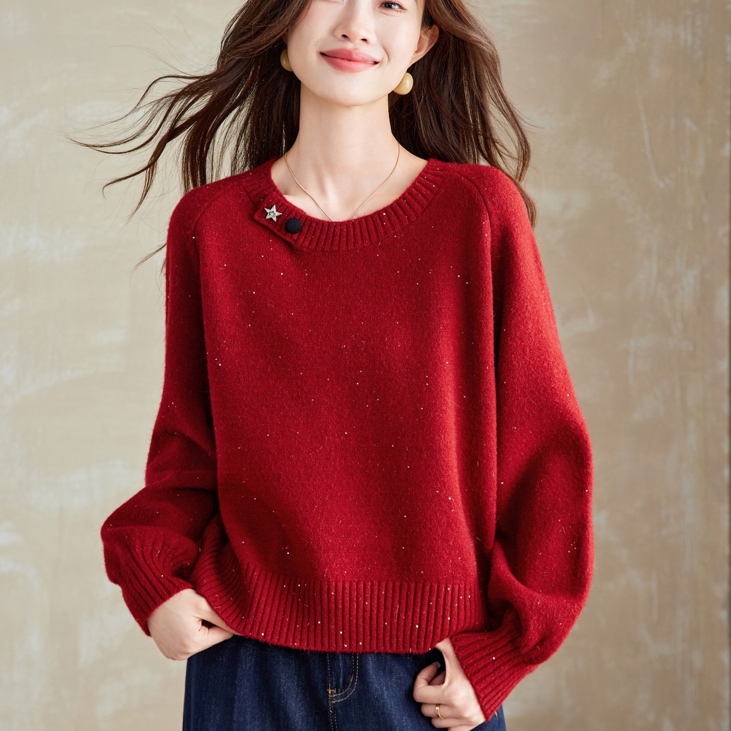 毛衣女套头慵懒风羊毛针织红色上衣宽松2025秋冬新款高级感打底衫