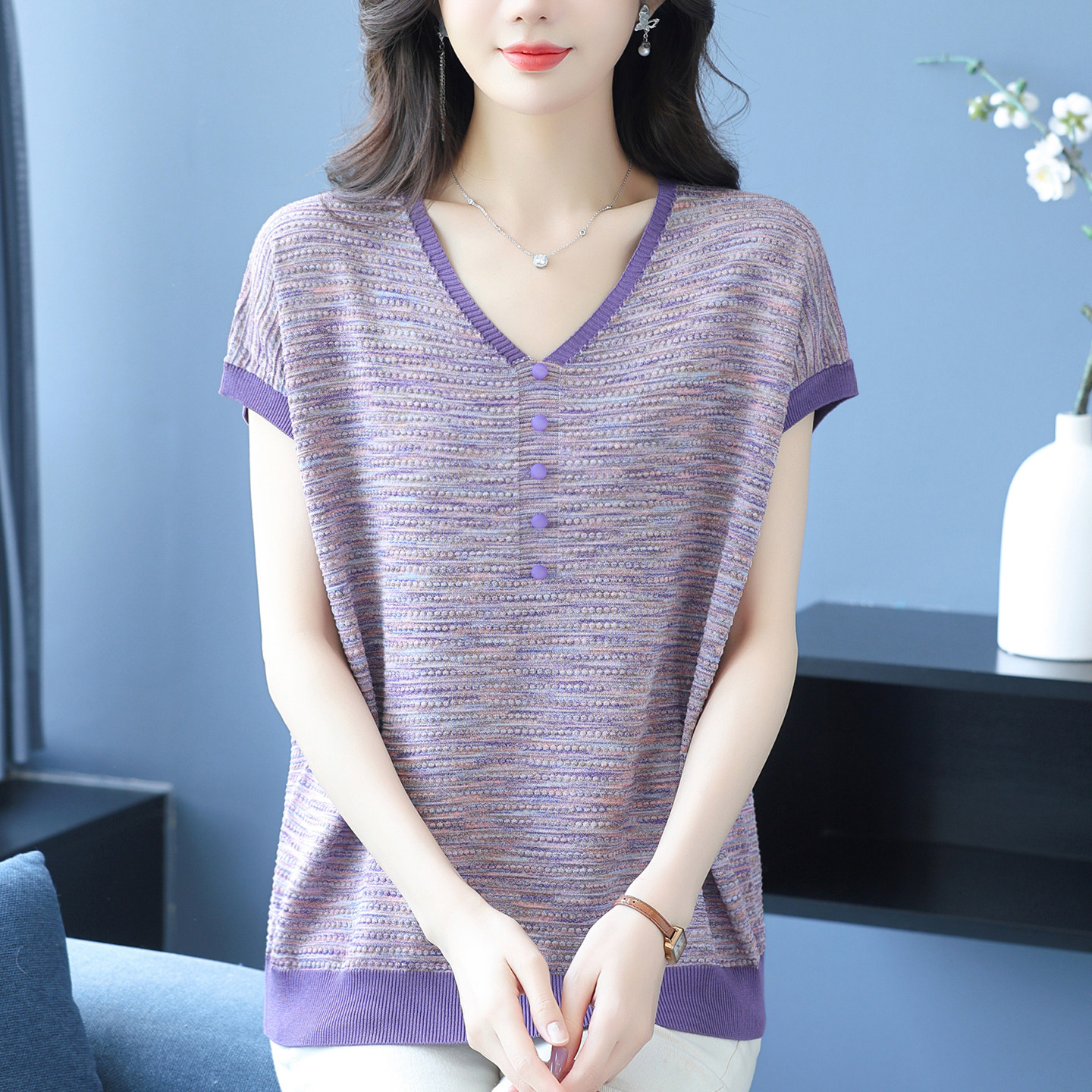 中老年女装撞色V领桑蚕丝