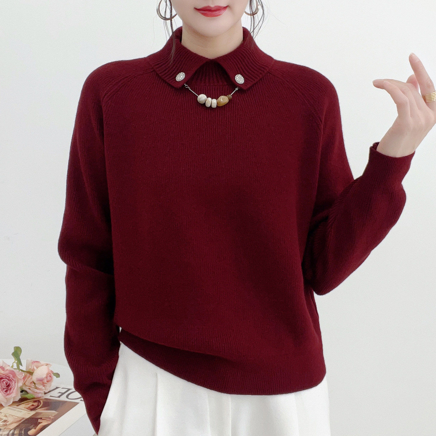 翻领毛衣女款2025新款气质轻奢高级感上衣洋气减龄宽松显瘦打底衫