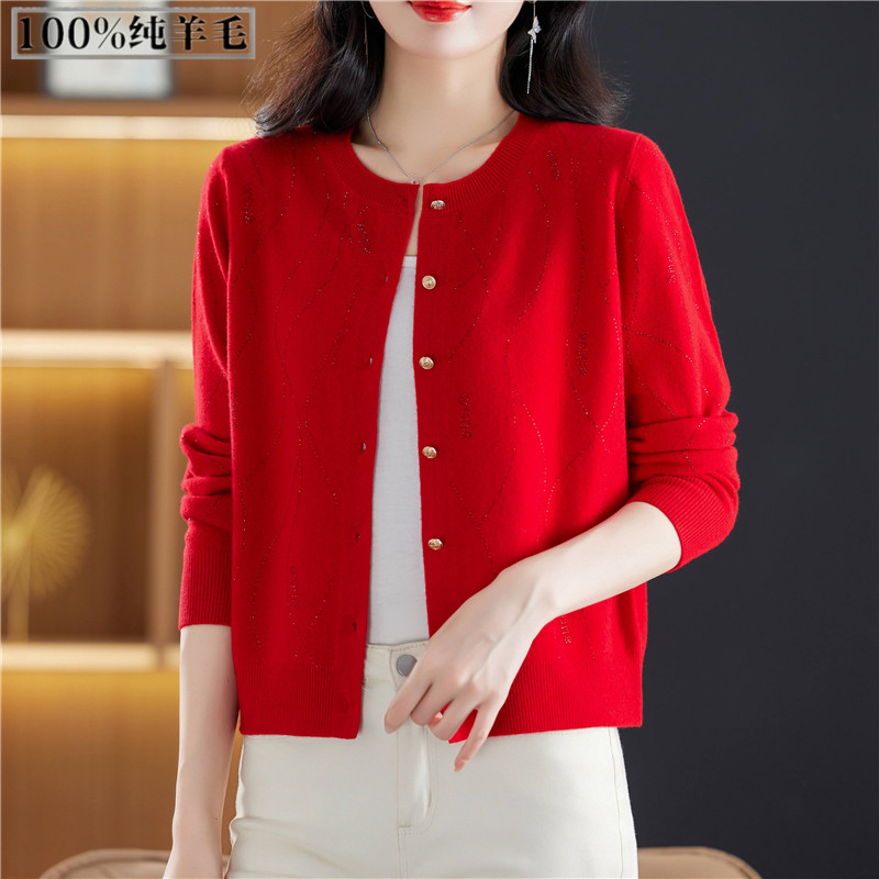 大红色针织开衫毛衣外套短款春秋女2025新款上衣薄款100%纯羊毛衫