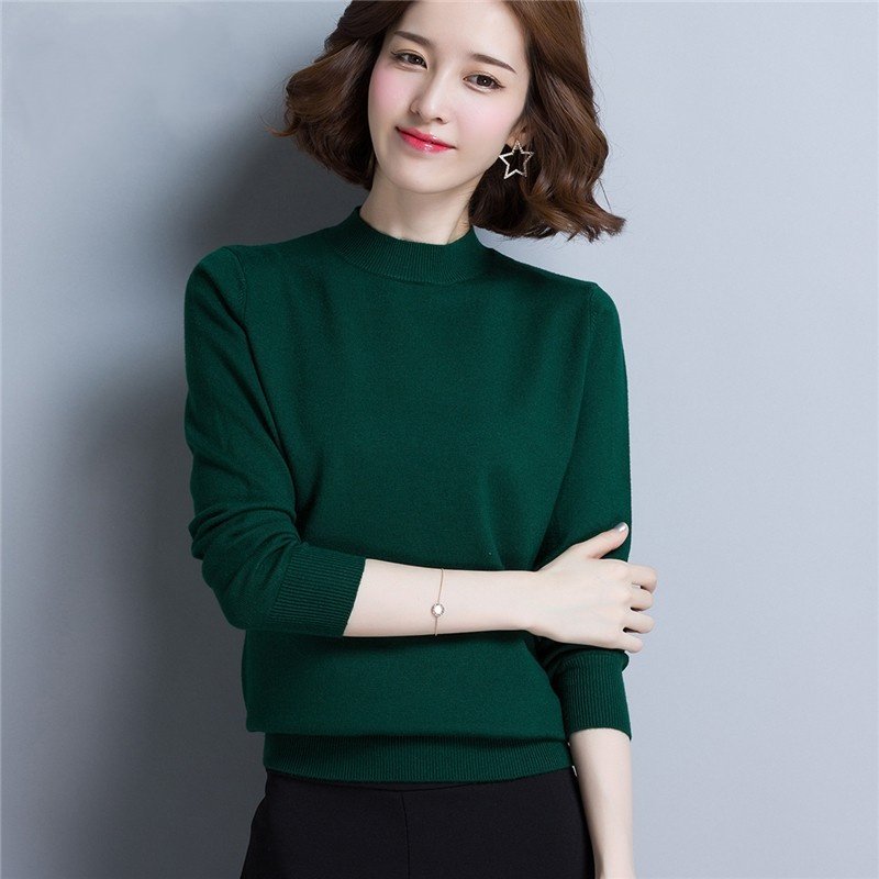 墨绿色短款毛衣宽松春秋冬季2025年新款内搭半高领针织打底衫女