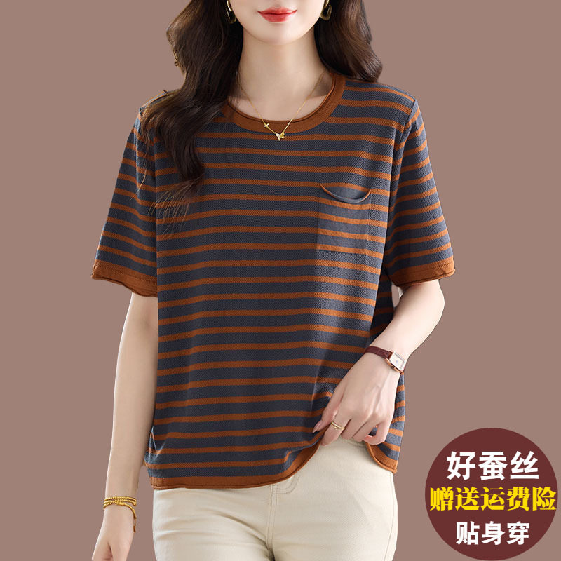 妈妈休闲条纹桑蚕丝短袖T