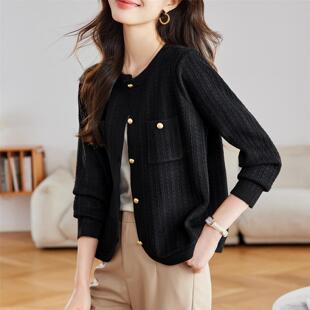 黑色宽松圆领小香风短款针织衫毛衣外套女春秋外搭开衫高级感披肩