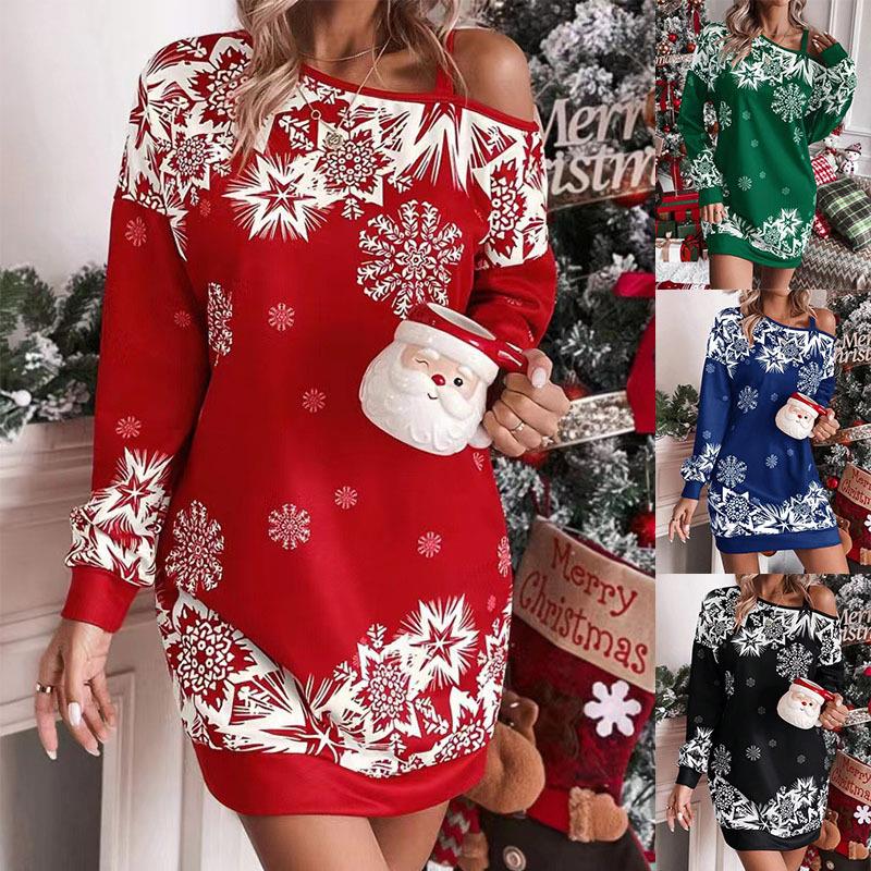 Christmas snowflake long sleeved sloping shoulder dress