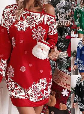 Christmas snowflake long sleeved sloping shoulder dress