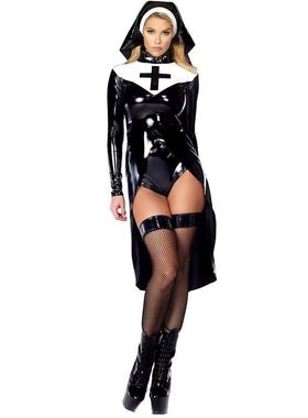 S-XXL Halloween leather nun costume uniform万圣节修女服装潮