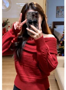 New Year's red one-shoulder sweater top新年红色一字肩毛衣上