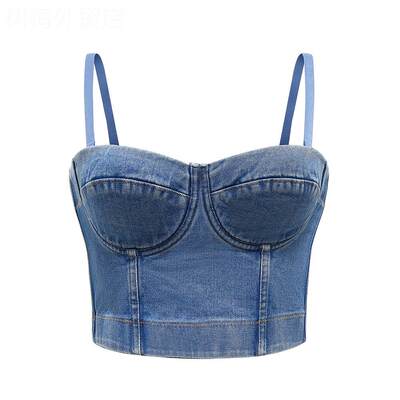 Denim camisole tops for women牛仔吊带背心欧美短款修身性感露