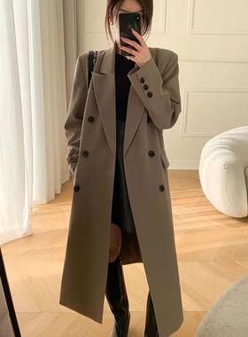 Womens Trench Coat女2026春秋中长款气质双排扣西装领长款外套