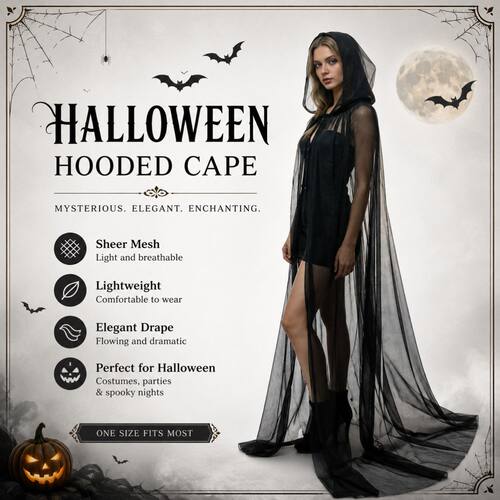Halloween cloak hooded mesh witch cloak万圣节披风连帽网纱女