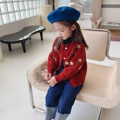 Girl's sweater cardigan jacket red Christmas sweater圣诞毛衣