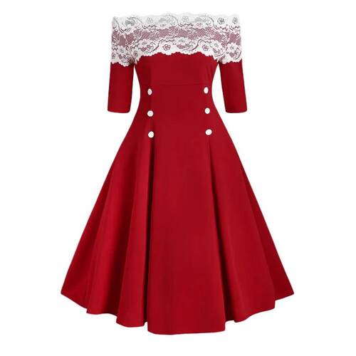 Christmas one shoulder lace patchworkdress圣诞节一字肩连衣裙
