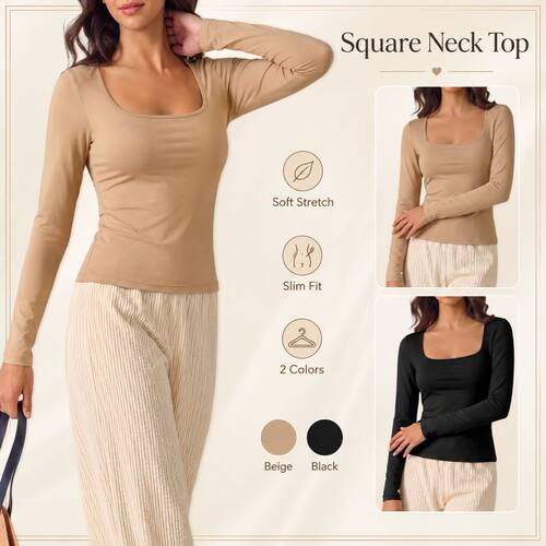 Square neck elastic base shirt, women's slim fit short top