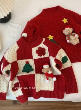 Women's sweater top秋冬新款毛衣女小童秋冬装红色圆领条纹上衣