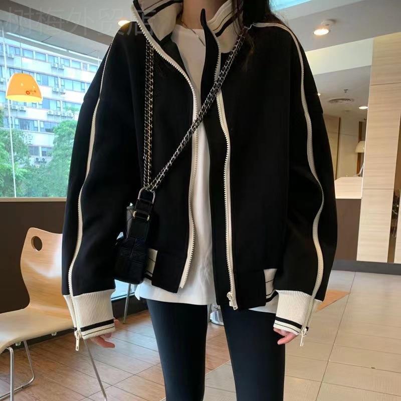 Black coat women's top新品小香风外套黑色立领棒球服外套女