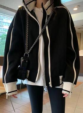 Black coat women's top新品小香风外套黑色立领棒球服外套女