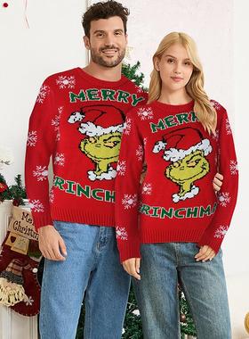 Parent child red sweater with loose fur亲子装红色毛衣圣诞衣