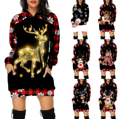 Christmas Knitted Elk 3D Printed Hoodie Dress圣诞宽松连衣裙