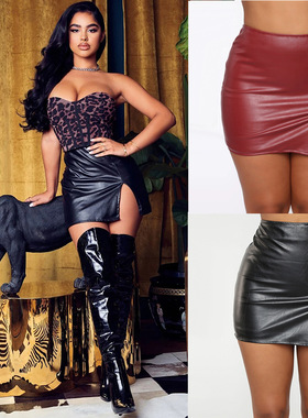 Skirt wrap hip skirt club dress皮裙半身裙女欧美女裙黑色皮裙