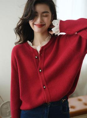 New Year red lace-trimmed women's sweater jacket新年毛衣女