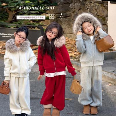 Girls' thickened warm  collar hooded sweater and pants set