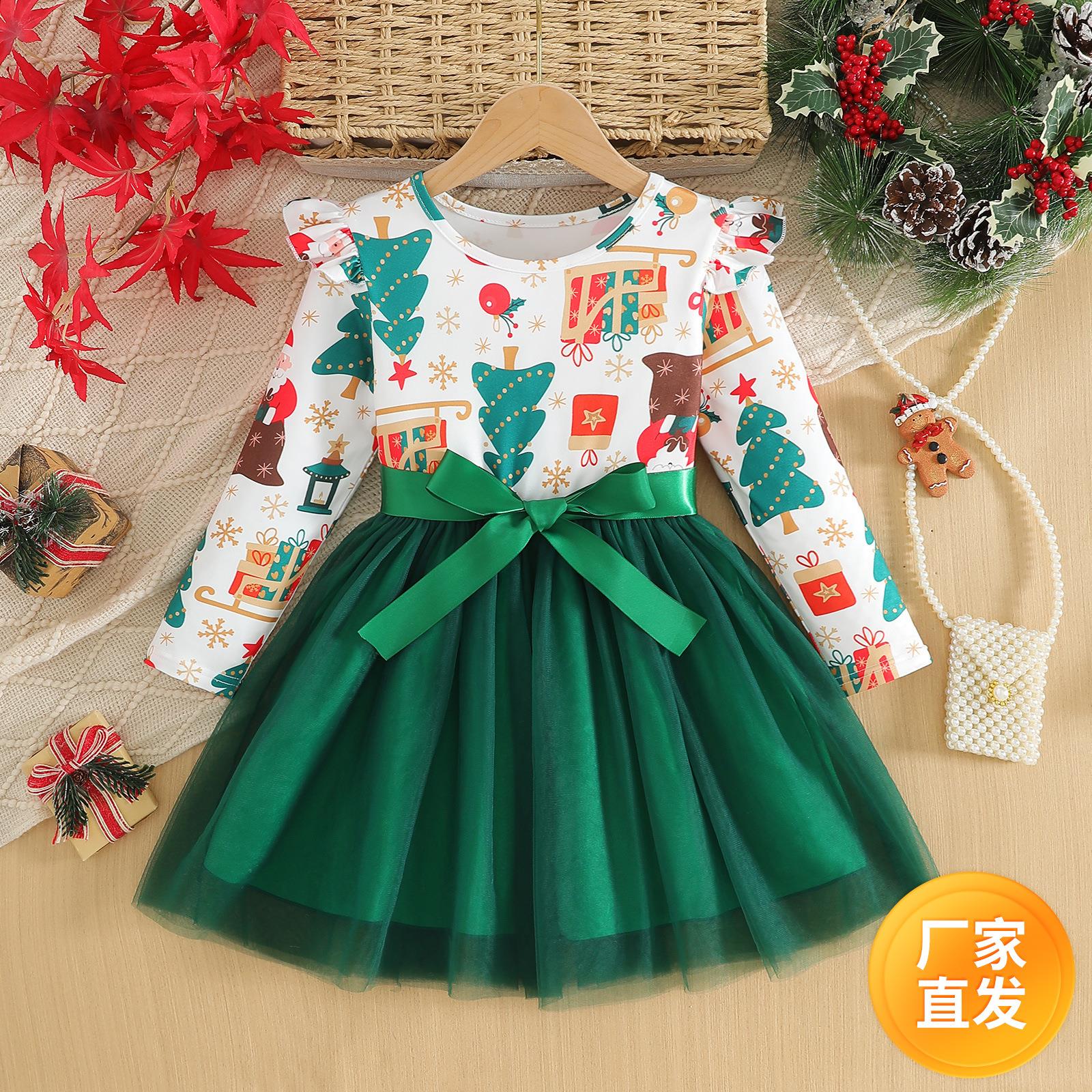 Christmas children's patchwork dress女童双蝴蝶结圣诞节假两件