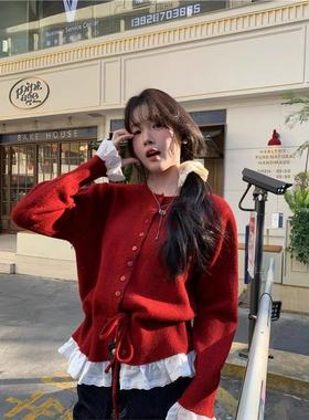 Red fake two-piece round neck splicing knitted top红色上衣