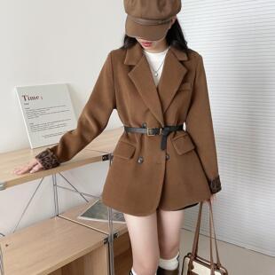 原创复古拼接豹纹袖口毛呢西装外套女2025冬气质收腰加厚夹棉大衣